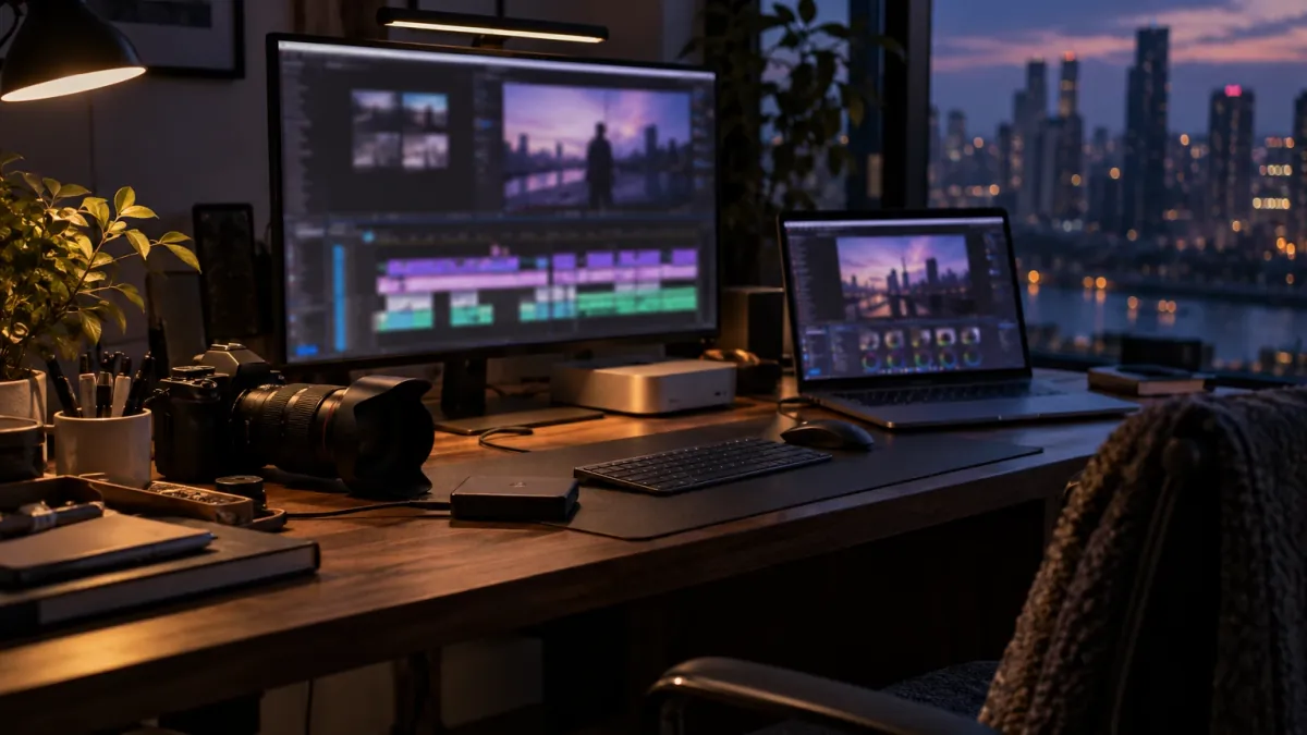 A creator's desk at blue hour by a window over a city, with a monitor showing a video timeline, a small silver computer, a MacBook Pro, a camera and an external drive.