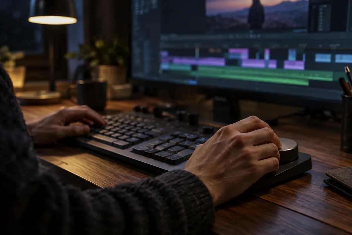 An editor's hands on a compact editing keyboard at night, the right hand on its jog wheel, a timeline glowing on the monitor behind.