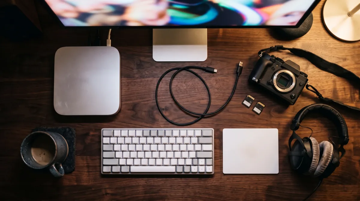 Top-down view of a walnut desk at night with a Mac mini, keyboard, trackpad, camera, SD cards, headphones and a mug.