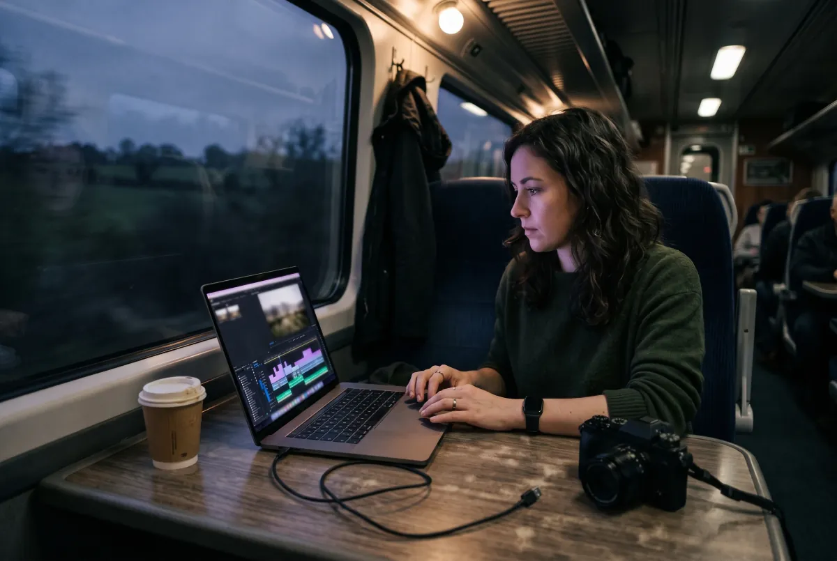 Someone edits video on a MacBook Pro at a train table at dusk, the countryside a blur through the window.
