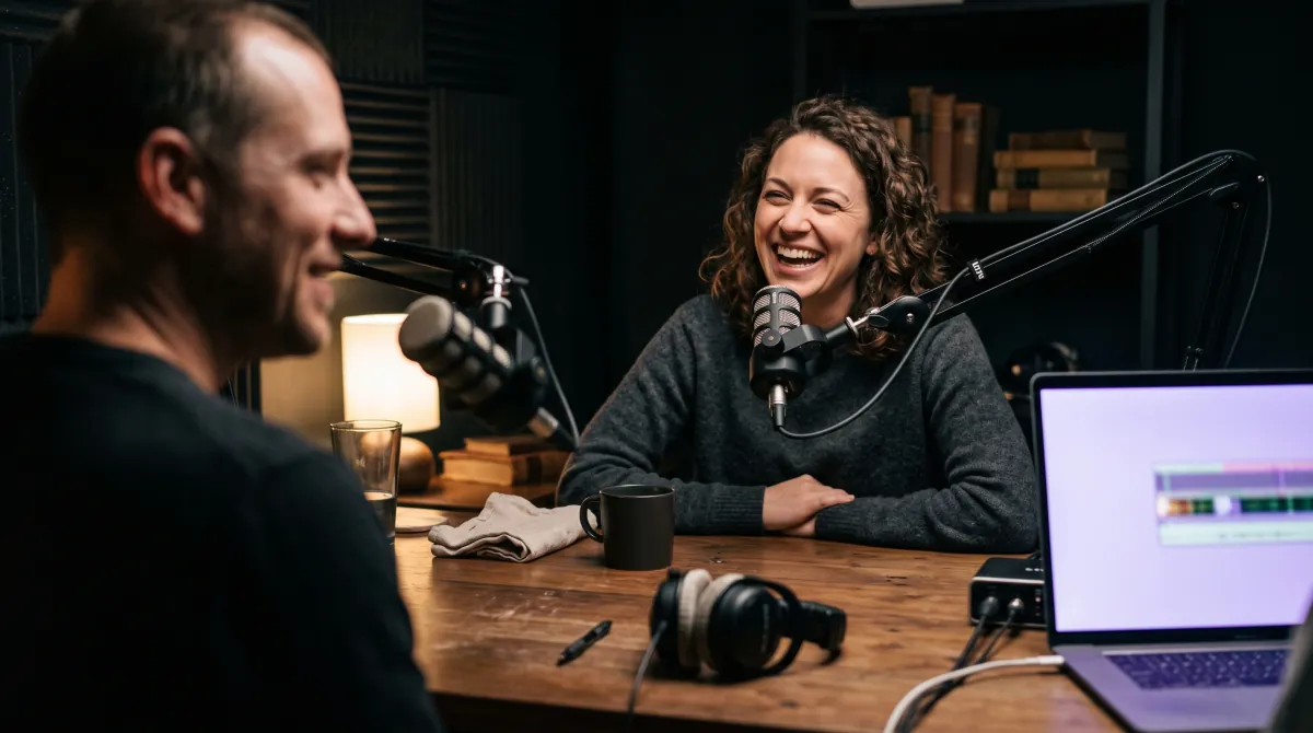 Two people at a podcast table at night, one laughing with her head tilted back, both at broadcast microphones.
