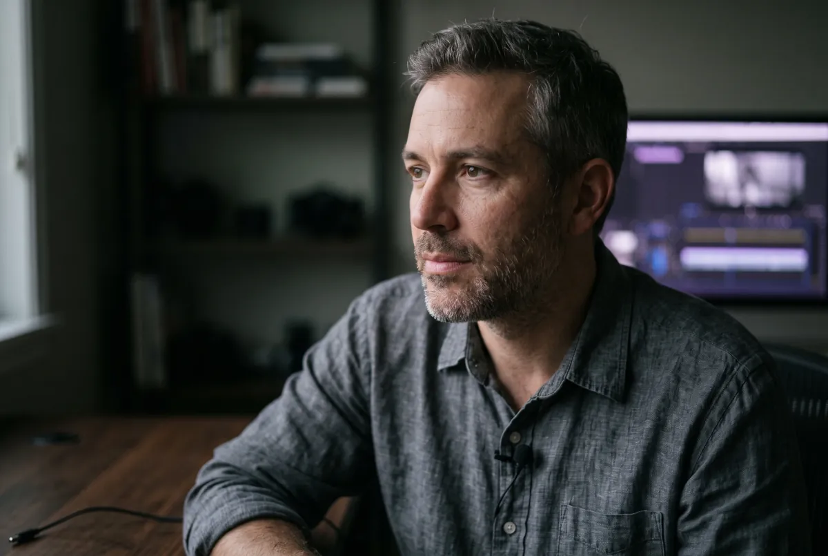 A man in a linen shirt looks away from the camera, gathering a thought between two sentences.