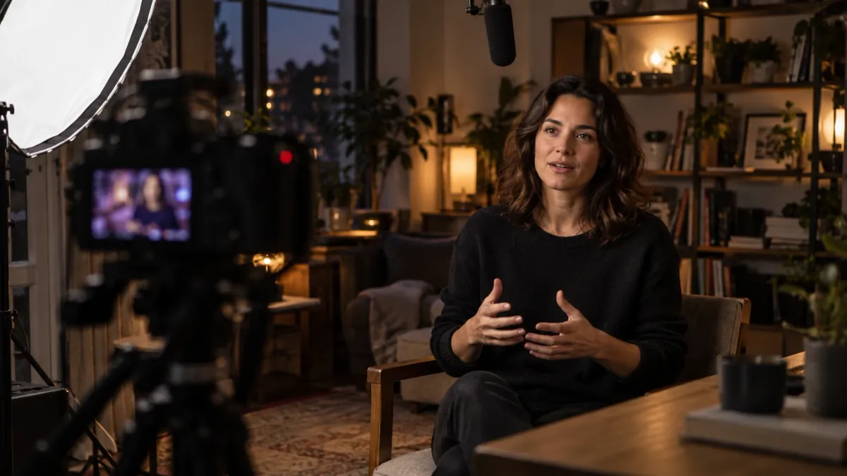 A woman films a talking-head video in a small home studio, lit by a large softbox, with warm lamps, books and plants behind her.