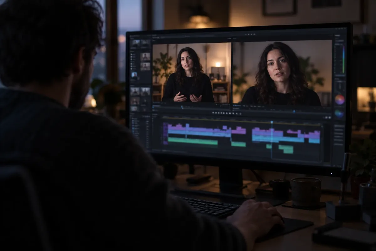 Over an editor's shoulder, a monitor shows the same woman twice, from the waist up and closer, from the shoulders up, above an editing timeline.