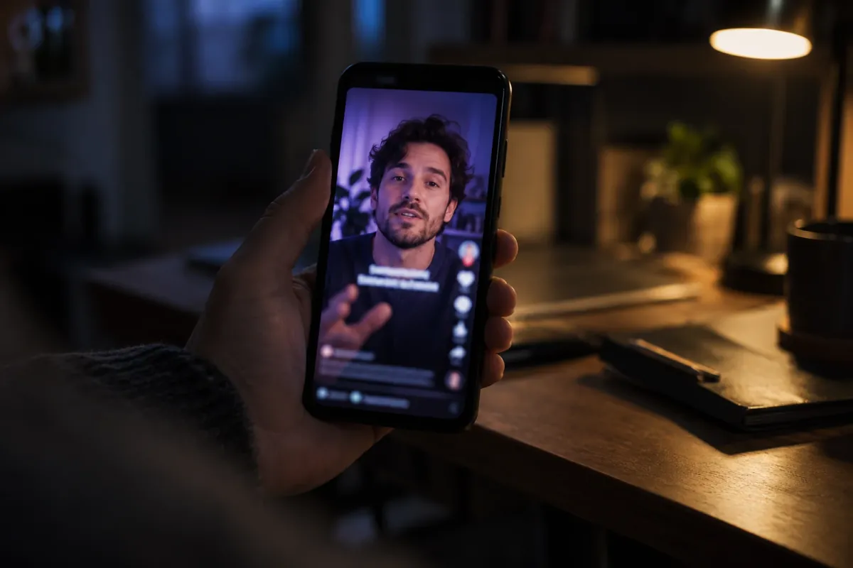 A hand holds a phone playing a vertical video of a man talking, a two-line caption below his chin and the app's icons down the right edge.
