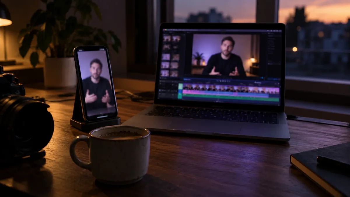 A phone in a stand shows a vertical video of a man speaking, beside a MacBook Pro showing the same man in a wide frame above an editing timeline.