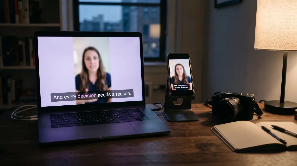 A MacBook Pro and an iPhone on a desk at dusk both play a vertical video of a woman speaking, captioned "And every decision needs a reason."