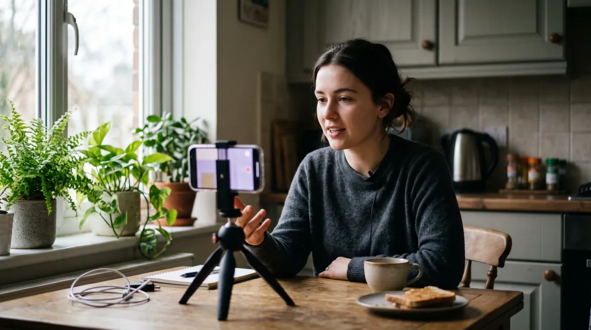 A woman records a video to a phone on a small tripod at her kitchen table in the morning, mid-sentence.