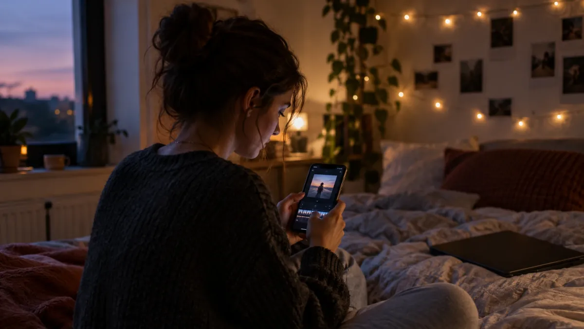 A young creator sits cross-legged on a bed in the evening, editing a vertical video on a phone held in both hands, string lights behind her.