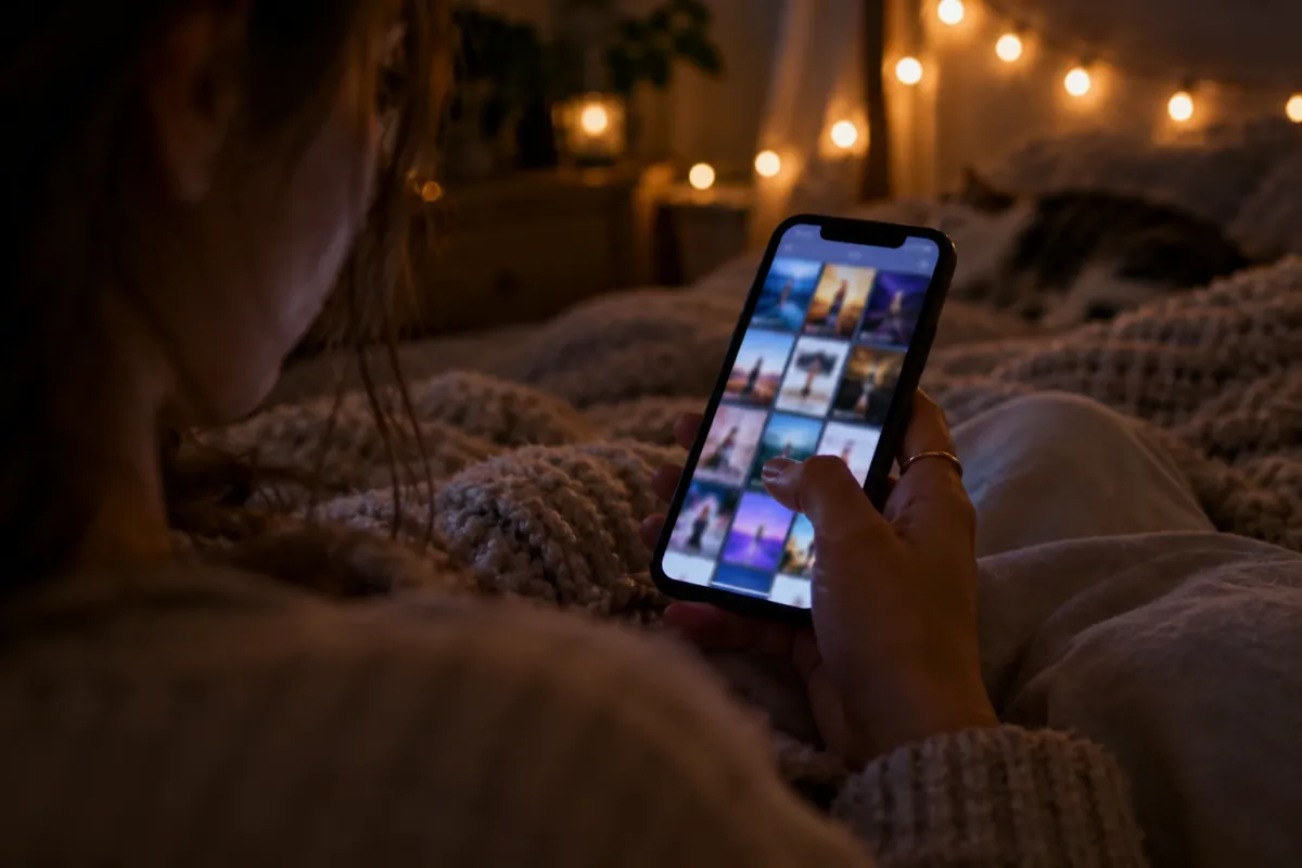 A woman lying in bed at night scrolls a grid of video templates on her phone, string lights glowing behind.