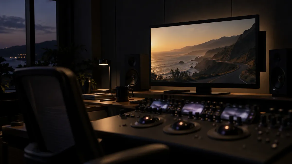 A colourist's grading suite at night, a reference monitor showing a coastal road at golden hour above a grading panel with three trackballs.