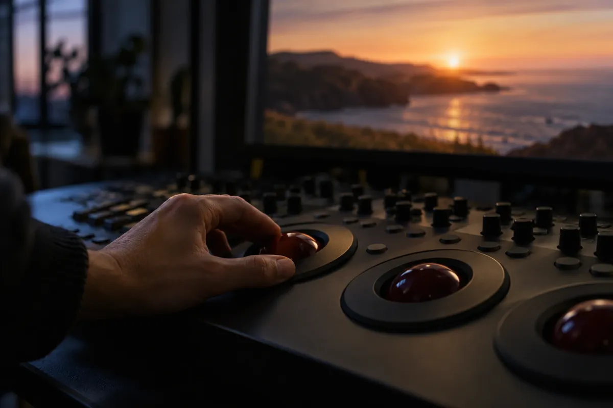 A colourist's hand on a trackball of a grading panel, a coastal sunset on the reference monitor beyond.