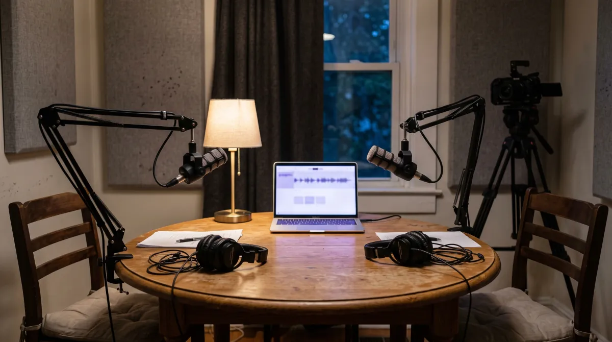 A small podcast studio before a session, two microphones on boom arms over a round table, headphones, a laptop and a camera on a tripod.