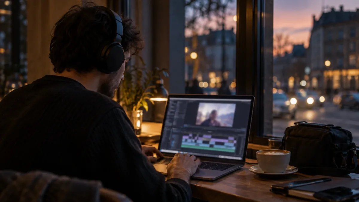 A video editor in headphones works on a MacBook Pro at a window table in a cafe at dusk, a camera bag and a coffee beside the laptop.