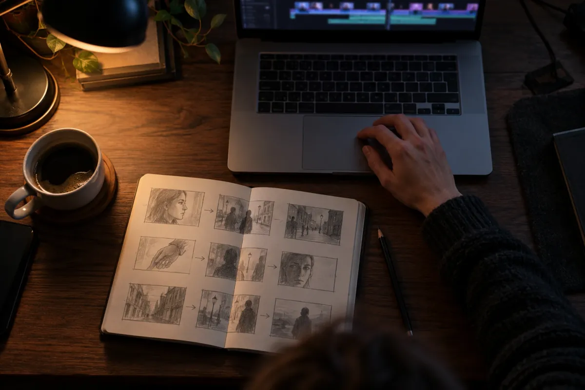 Top-down view of a desk at night: a hand on a MacBook Pro's trackpad above an open notebook of pencil storyboard frames joined by arrows, a coffee beside it.