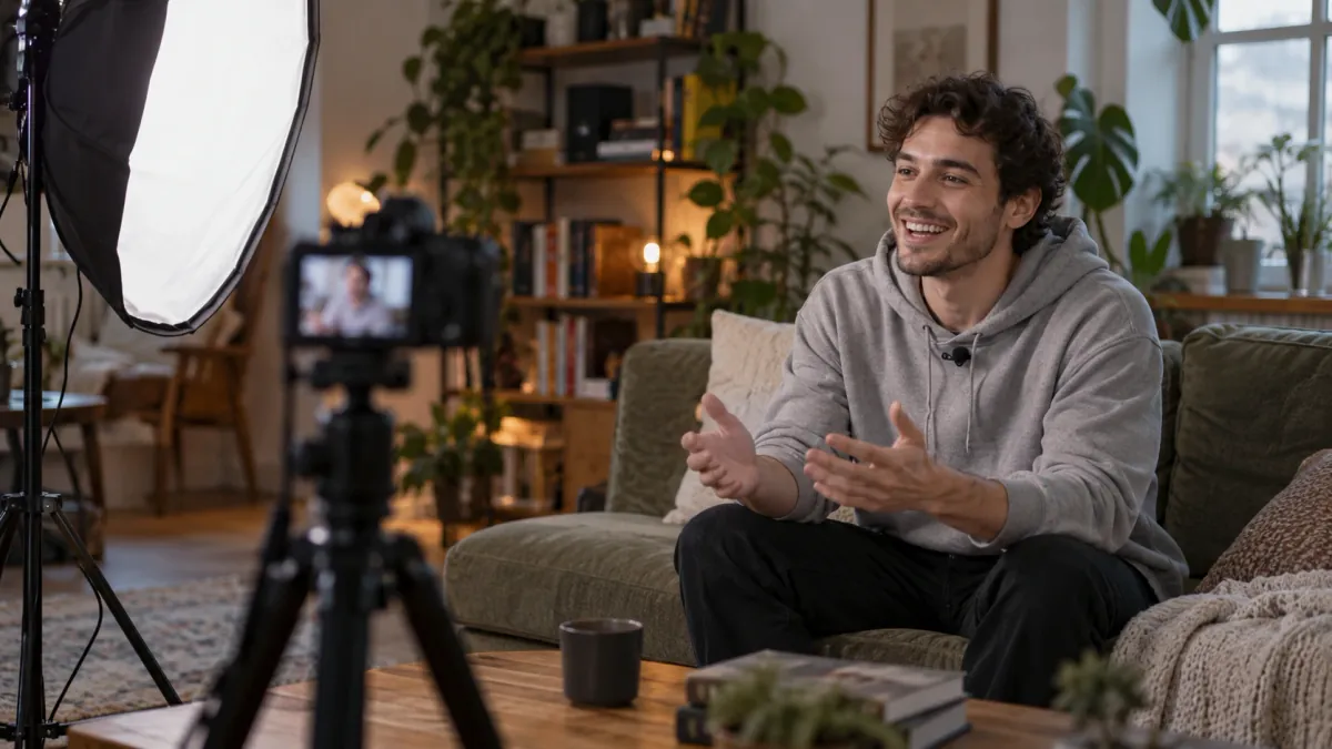 A YouTuber laughs mid-sentence on a sofa in a cosy living room, speaking to a camera on a tripod beside a large softbox light.