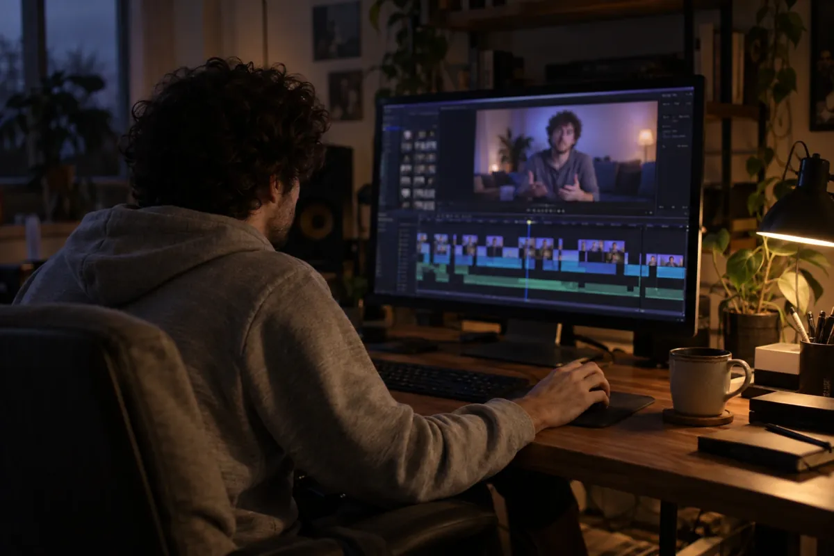 A YouTuber in a grey hoodie reviews a rough cut at a desk at night, the sofa shoot on the monitor above a timeline chopped into many short clips.