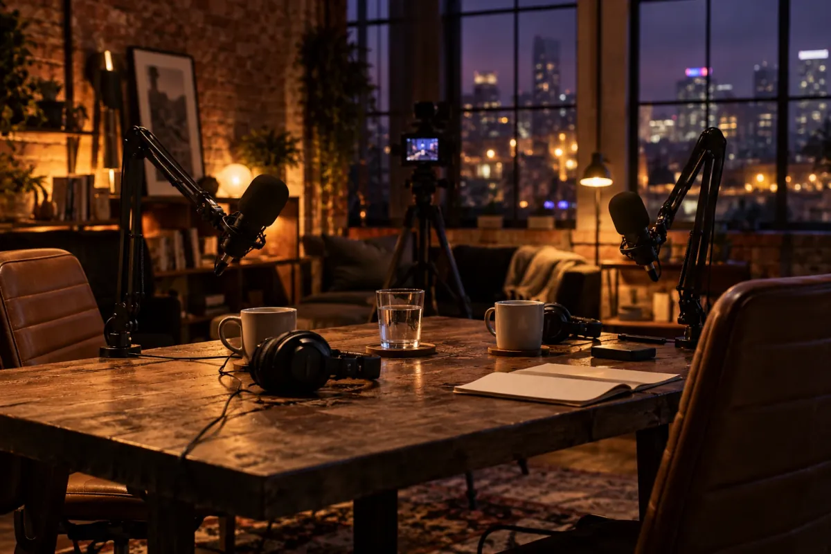 A podcast table late at night in a brick-walled loft: two microphones on arms, headphones, mugs and an open notebook, with a camera on a tripod and city lights behind.
