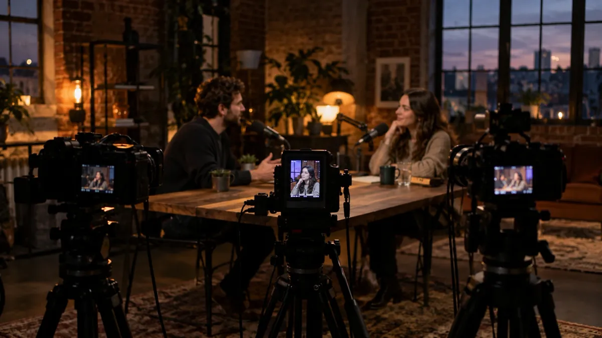 A video podcast in a brick-walled loft, seen from behind three cameras, the nearest camera's screen showing a vertical crop of the guest.