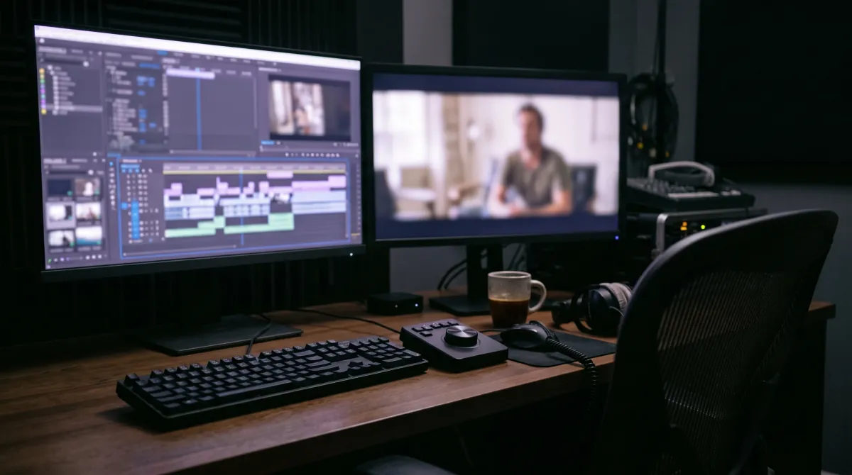 A dark editing suite with two monitors, one showing a multi-track timeline and one a video frame, above a keyboard, a jog wheel and an empty chair.