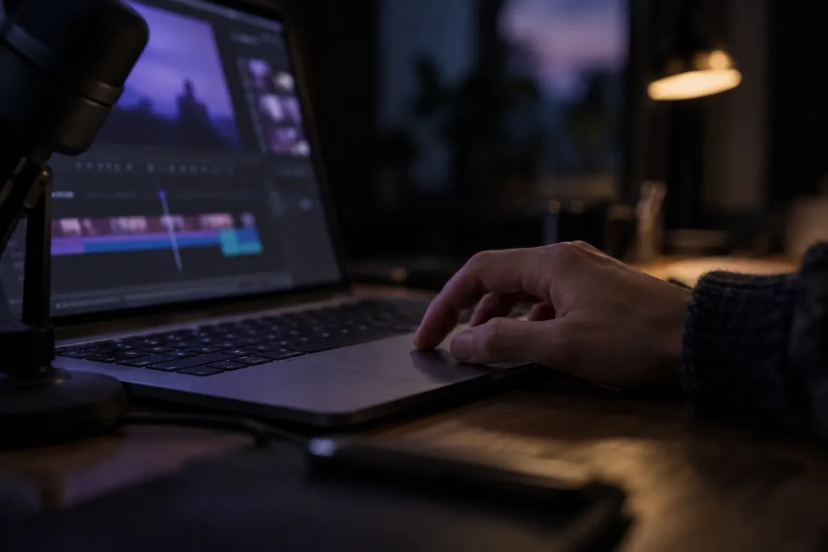 A hand clicks on a laptop's trackpad at night beside a microphone on a stand, an editing timeline open on the screen.