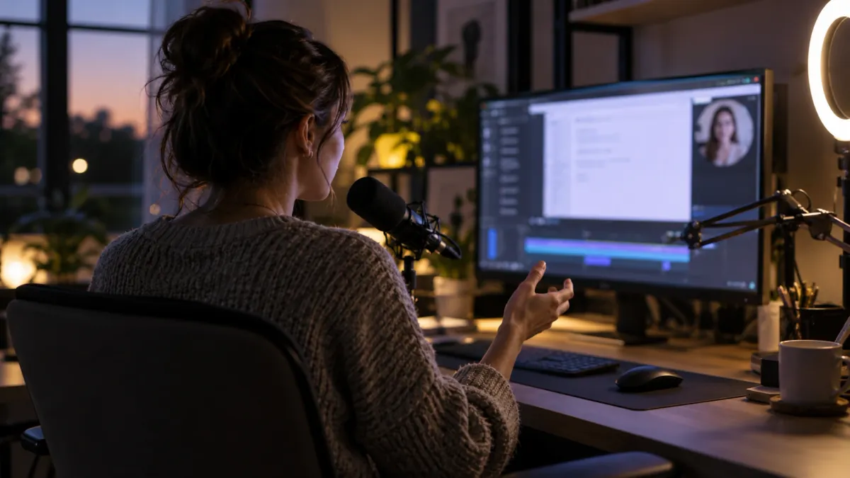 A woman records a software tutorial at dusk, a monitor showing an app window with a small webcam view, a microphone on an arm and a ring light beside her.