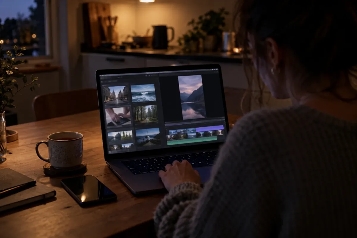 A woman at a kitchen table at night browses stock clips of a city, waves, typing hands and a forest on a MacBook Pro, beside a vertical video in her editor.