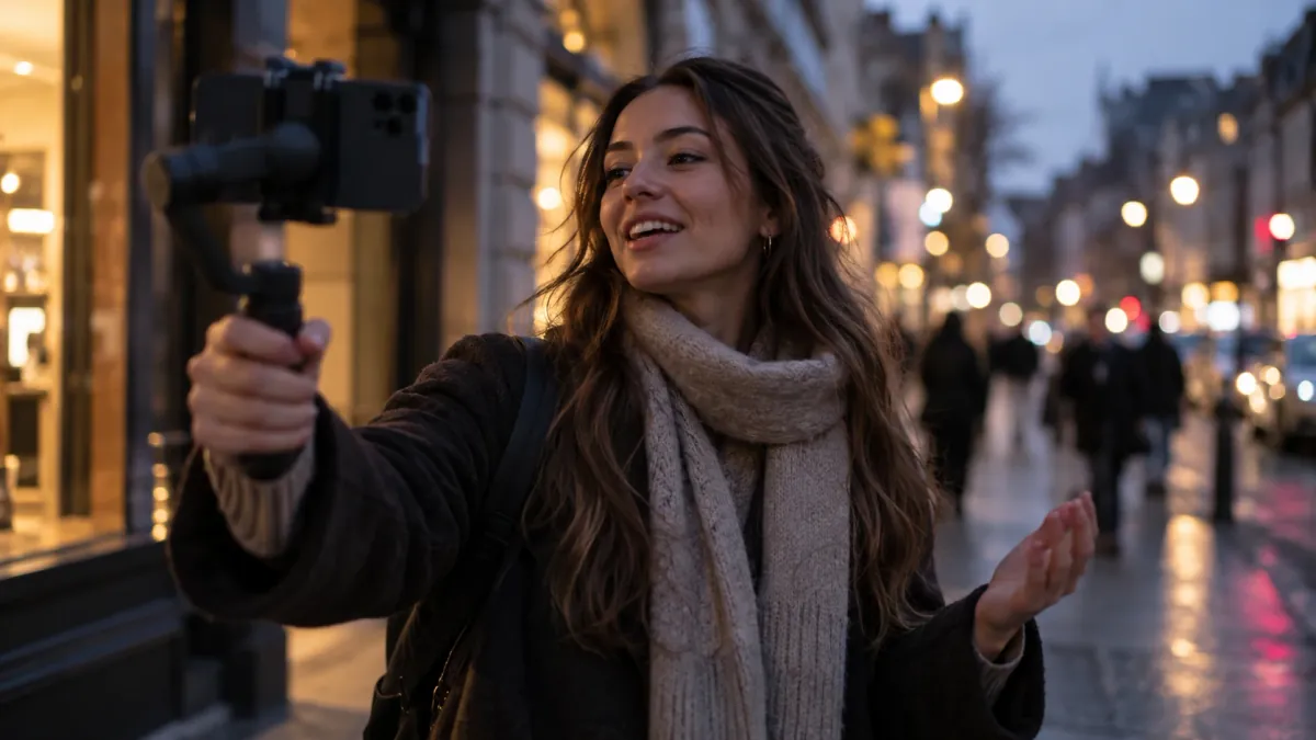 A woman talks to a phone on a small gimbal as she walks down a city street at dusk.