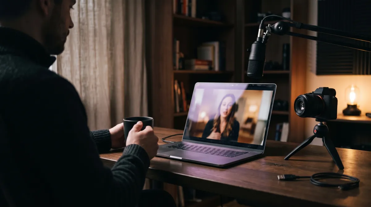 Seen over a person's shoulder at night, a finished video of a woman talking to camera plays on a MacBook Pro, beside the camera that recorded it.