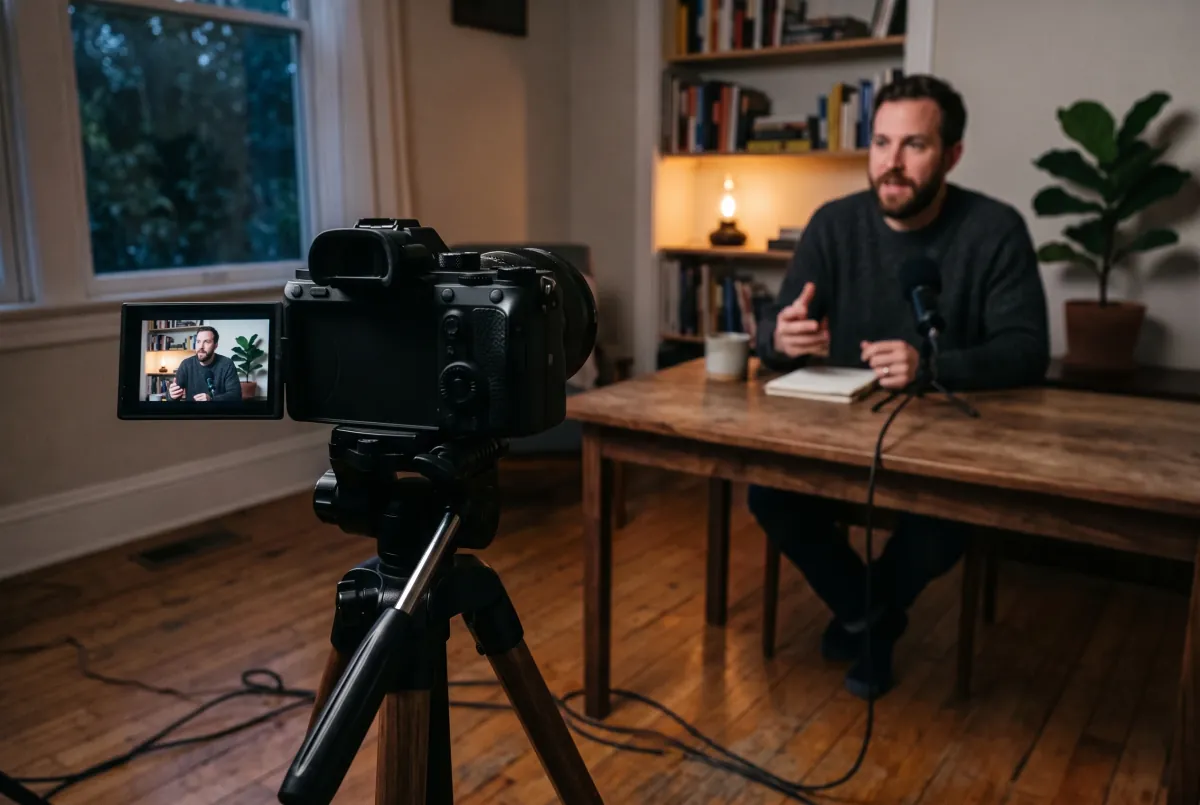 A presenter mid-sentence at a wooden table with a microphone, seen past the flip-out screen of the camera recording him.