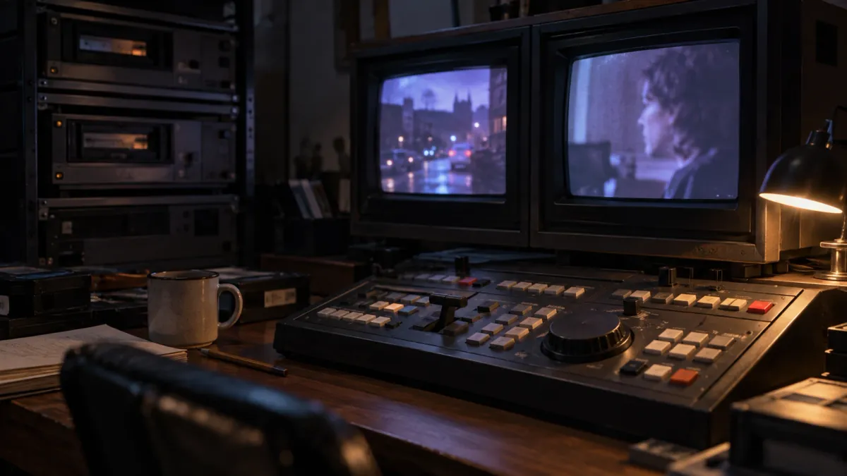 A 1980s videotape editing suite at night: an edit controller with a large jog wheel, two CRT monitors glowing above it and tape machines stacked in a rack beside them.