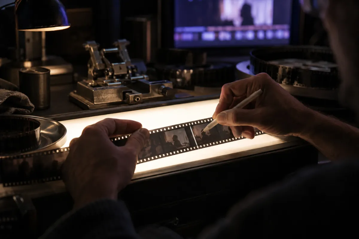 An editor's hands mark a strip of 35 mm film with a white grease pencil on a glowing light box, a splicer and reels of film on the bench behind.